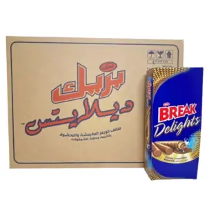 صورة لشوكولاتة بريك ديلايتس (Break Delights) الحجم الكبير 21 غرام، تظهر العبوة الزرقاء الأنيقة وكرتون الشحن المخصص للبيع بالجملة مع توضيح عدد القطع. 