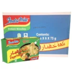 صورة لكرتون إندومي نكهة الخضار باللونين الأزرق والأخضر، يظهر عبوات الـ 80 غرام ويوضح محتوى الكرتون المكون من 60 حبة.