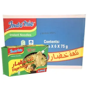 صورة لكرتون إندومي نكهة الخضار باللونين الأزرق والأخضر، يظهر عبوات الـ 80 غرام ويوضح محتوى الكرتون المكون من 60 حبة.