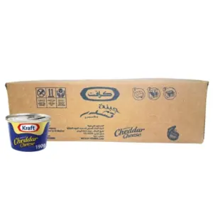 صورة لعلبة جبنة شيدر كرافت الأصلية بحجم 190 غرام بجانب الكرتون الخاص بها، تظهر تفاصيل العلامة التجارية والتغليف المخصص للتوزيع.